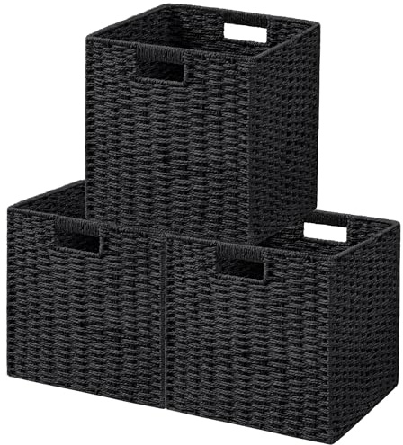 UBBCARE 3 Pack Wicker Basket, 11L×11H×10.5W inch Woven Paper Rope Storage Baskets for shelves, Foldable Cube Storage bin with Handle, Storage Basket for Organizing & Decor, Black