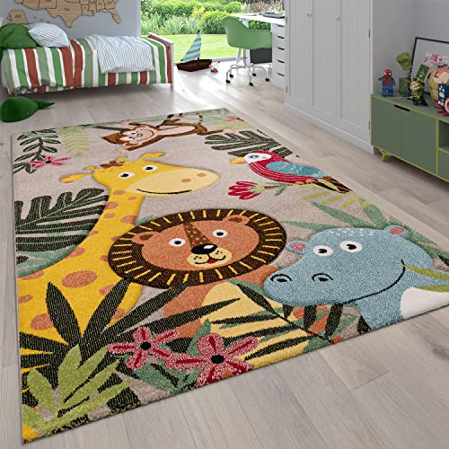 Paco Home Kinderzimmer Kinderteppich für Jungen mit Tier u. Dschungel Motiven Kurzflor, Grösse:160x230 cm, Farbe:Beige