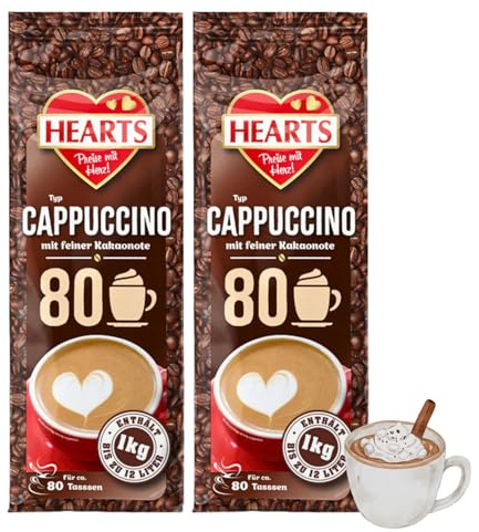 Hearts Cappuccino à la fine note de cacao, lot de 2 (2 x 1 kg) arôme intense, laiteux et crémeux, poudre de café instantanée soluble, suffisant pour 160 tasses