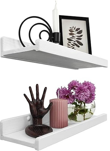 Handgearbeitet Wandregal Weiß 40 cm, Regal Wand Holz 2er-Set, Hängeregal Wandhalterung Regalbrett, Modern Schweberegal, Schmales Bilderleiste für Badezimmer, Wohnzimmer, Küche, Schlafzimmer