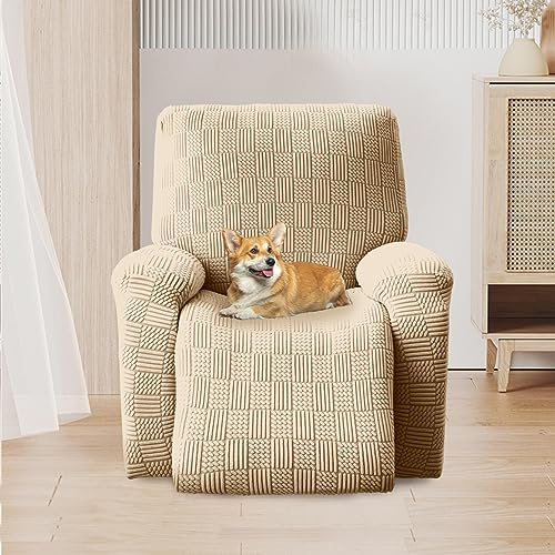 OKYUK Fodera per poltrona Relax, ad alta elasticità per poltrona relax reclinabile, 4 pezzi, con tasche laterali, estraibili e lavabili fodere protettive (beige riga)