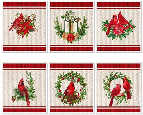Maxcheck 6 Pieces Christmas Cardinal Bird Design Reusable Absorbent Christmas Dishcloths Cleaning Cloths Xmas Swedish Kitchen Dish Towels for Home Washable Housewarming Holiday Party Accessories