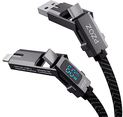 pzoz 4-in-1 LED Kabel USB C auf USB C Schnellladekabel Multi Fast Charge-Kabel Typ C Nylon geflochten Lade-Kombo Lightning/Typ C/USB A Anschlüsse für iPhone 16 15 14 13 12 Pro Max iPad Samsung (60 W,