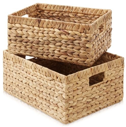Casafield Juego de 2 cestas de almacenamiento de jacinto de agua con asas, 1 jumbo, 1 organizador tejido grande para baño, lavandería, despensa, oficina, estantes
