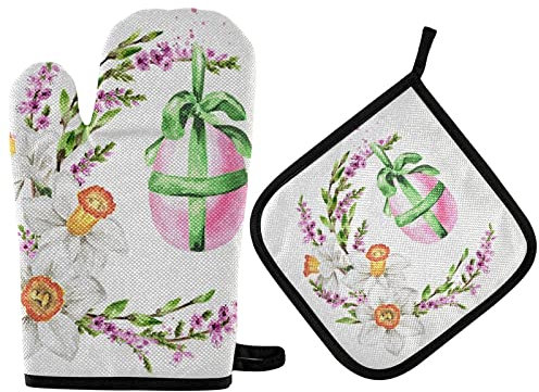 Ofenhandschuhe Fröhliche Ostern-Karten-Kranz-Farbige Eierblumen Kochhandschuhe Thermoisolierung Topfhandschuhe Waschbare Grillhandschuhe Für Mikrowelle BBQ Kochen
