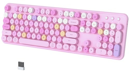 COVEVA Färgglatt trådlöst Bluetooth-tangentbord, 2,4 G och dubbelt Bluetooth tangentbord för flera enheter, skrivmaskin retro runda tangenter 104 tangenter fullstorlek tangentbord för PC laptop