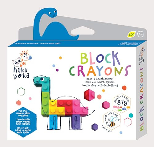 Haku Yoka Block Crayons Brachiosaurus, 8 colores, sin desorden, súper duraderos y fáciles de agarrar para mayores de 3 años, cera de abeja natural y crayón orgánico de color mineral estilo Lego