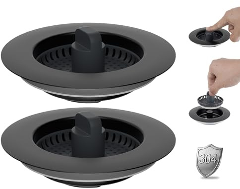 iFealClear 2-Pack Kitchen Drain Stopper, 3-in-1 Plug Strainer, Stainless Steel Outer Shell & ABS Filter Basket, Suitable for Sinks with Hole Diameter of 75-82mm, Depth > 28 mm-Black