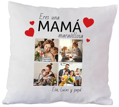 CALLEDELREGALO Cojín Personalizado con 4 Fotos y Texto para Mamá | Incluye Relleno | Regalo Original y Emotivo para Madres | Cuadrado 40 x 40 cm | Ideal para Cumpleaños, Aniversarios y Día de la Madre