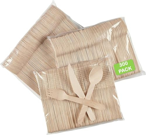 Pack of 300 Strong Disposable Wooden Cutlery Set (100 Spoons 100 Forks 100 Knives) 100% Birch Wood Sturdy & Strong, Ideal for Christmas Birthday Party BBQ Picnic Easter New Year