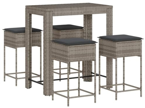 vidaXL Gartenbar Set 5-TLG., Gartenmöbel mit Kissen, Bartisch Stehtisch Barhocker Barstuhl, Theke Bar Tresen Gartentheke Sitzgruppe, Grau Poly Rattan