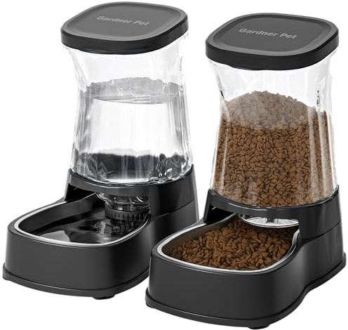 Gardner Pet 3.85L Distributeur Croquettes Chat Automatique (Lot de 2), Distributeur Eau Chat et Chien par Gravité, Mangeoire avec Gamelle en Acier Inoxydable, Pas d'électricité, sans BPA (Noir)