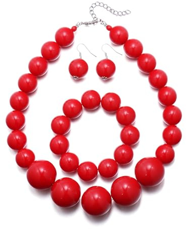 Clearine Red Beaded Collar Necklace, Costume Jewellery for Women Beads Strand Chunky Statement Necklaces Bracelet Earrings Set for Halloween Cosplay Party Prom