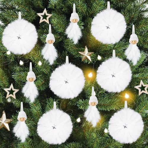 MWOOT 12 Piezas Decoraciones de Árbol de Navidad de Plumas Blancas, Adornos Colgantes de Plumas de Muñeca y Estrella de Navidad, Árboles de Navidad Ornamentos Colgantes para Bodas Fiestas