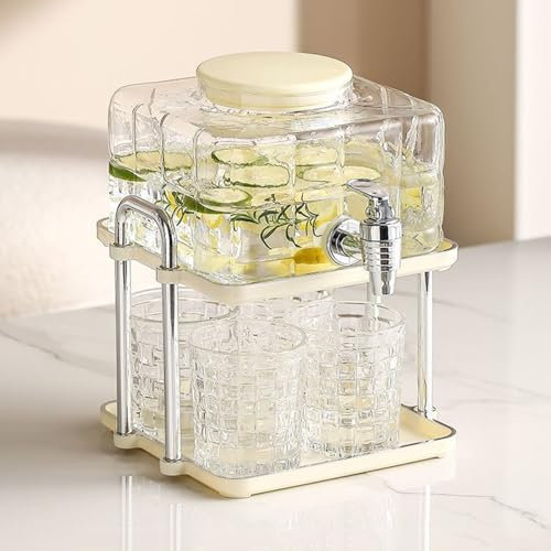 Glass Beverage Dispenser with Cup Holder and 4 Cups, Wide Mouth Mason Jar Drink Dispensers with Spigot, Leak Proof Flip Top Lid for Ice Water, Lemonade, Juice, Tea(Square,PVC)