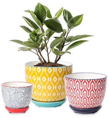 Selamica Ceramic Plant Pots, Indoor Flower Pots for Indoor Plants, 3.5+4.6+5.5 Planters with Drainage Hole & Saucer, Set of 3, Home Decor, Assorted Colors