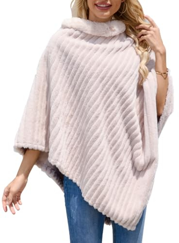 Ferand - Poncho Femme Douillet à Rayures en Fausse Fourrure, Pull Châle Doux pour l'Hiver - Beige