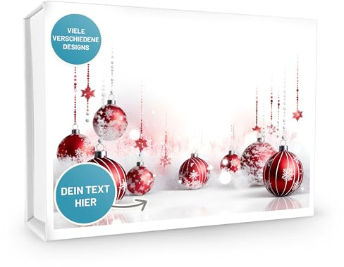 VerpackungsWelt Personalisierte Geschenke-Schachtel | 23x17x5 cm | Geschenk-Karton mit Deckel & Magnet-Verschluss | Weihnachtskugel-Motiv Silber-Rot | Box personalisiert Weiß