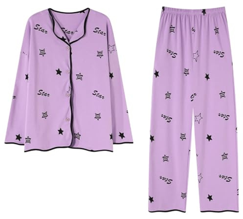 OUBOSI Pyjama Coréen pour Femmes, Ensemble Printemps-Automne, Cardigan en Faux Coton, Vêtements De Salon, Manches Longues, Vêtements De Nuit Japonais,Lilas,M