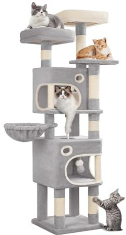 Hzuaneri Kratzbaum, 159 cm Katzenbaum mit 8 Kratzsäulen, 3 Plattformen, 2 Höhlen, Korb, Plüschbälle, Sisalseil, Geeignet für Katzen Verschiedener Größen, Hellgrau MS15918LG