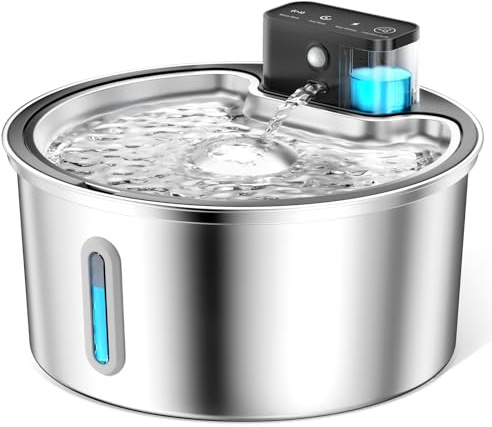 PawPoll Wireless Cat Water Fountain Stainless Steel - 3.2L/108oz Cordless Pet Water Fountain Battery Operated Cat Water Dispenser Ultra Silent Rechargeable Water Fountains for Cats and Dogs