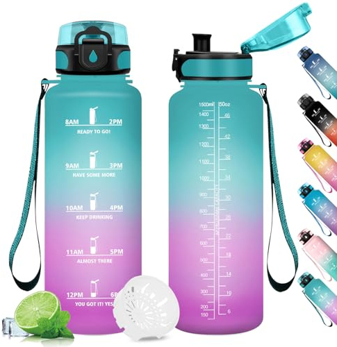 Gourde 1.5L, Sport Gourde Grande, Bouteille d'eau avec Marqueur de Temps et Filtre, Étanche et Réutilisable, Gourdes Graduée pour 1 Journee, Adulte, Gym, l'école, Voyage, Camping, Randonnée, Fitness