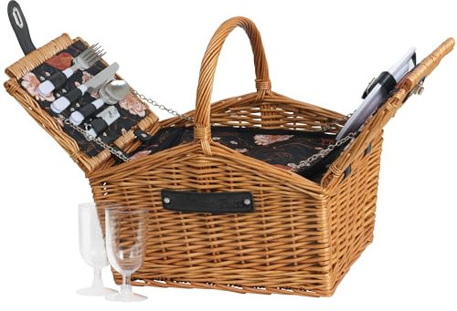 CampFeuer Picknickkorb 2 Personen mit Geschirr-Set und Kühlfach | 12-teilig | Picknickkoffer, Weidenkorb mit Kunstlederriemen | Picknicktasche, Picknick Set, Picknickzubehör, Komplettset (Braun)