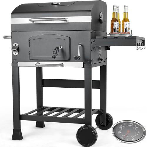 LIFERUN Holzkohlegrill mit Deckel, Grill Grillwagen BBQ Smoker XL, Holzkohle Grillwagen mit 2PCS Rädern, Grillrost, Thermometer und Ablage, Standgrill, Groß Kohlegrillwagen für Camping, Garten