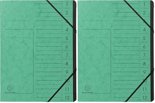 Exacompta 541203E Premium Ordnungsmappe geheftet. Aus extra starkem Colorspan-Karton DIN A4 12 schwarze Fächer und 2 Gummizüge mit Organisationsdruck Ringmappe Register-Mappe grün (Packung mit 2)
