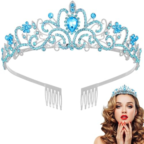 Tiara Kristallkrone mit Strasskamm Silber Strass Tiara Hochzeit Tiara Hochzeit Braut Strass Krone für Geburtstags Hochzeit Abschlussball Prinzessinnenpartys (Blue)
