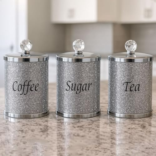 ONE BEST DEAL OBD Silver Glitter Diamond Tea Coffee Sugar Storage Set with Crystal Top Lids Airtight Canisters for Kitchen Counter and Gift Set