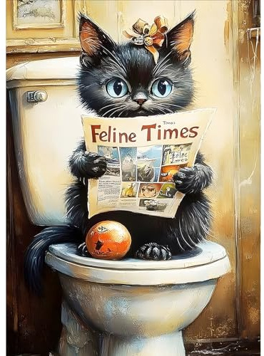 QINRUBB DIY Schwarze Katze beim Lesen Diamond Painting Erwachsene, 5D Badezimmer Diamant Painting Bilder Anfänger, Runder Vollbohrer Diamant Kunst Kits Kreuzstich Geschenke Home Wand Dekor 30x40 cm