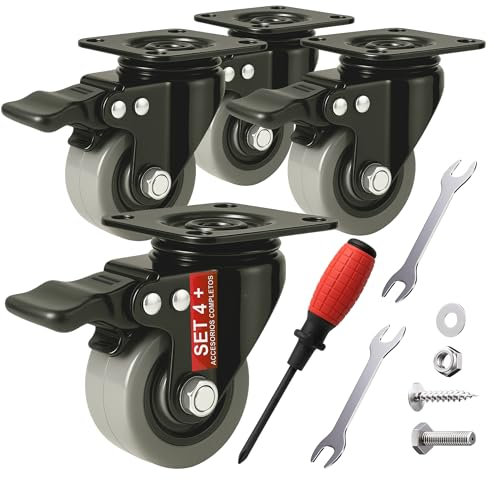 Kit 4 Ruedas Para Muebles con Freno - 50 mm | hasta 320kg - Kit de Montaje Completo Tornillos y Herramientas - Ruedas Para Muebles Pesados Con Freno y Placa, Ruedas Giratorias - Silenciosas