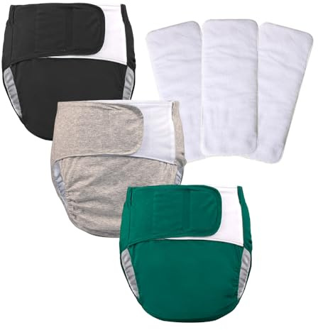 3 Pack TPU Adult Cloth Diaper with Replaceable Insert, Washable Cotton Diapers for Patient Care/Elderly Incontinence, 3XL