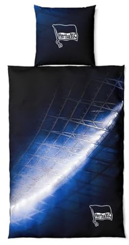 Hertha BSC Bettwäsche Flutlicht – Offizielle Fußball Fan Bettwäsche 135x200 / 155x220 – Stadion Design Blau Weiß – 100% Baumwolle – Bundesliga Fanartikel Bettwäsche Set