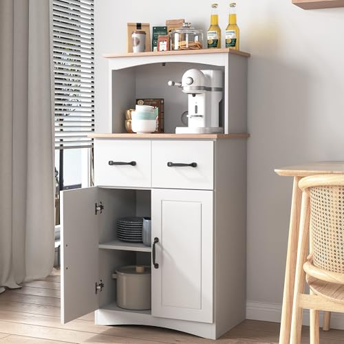 VKTO 49 Kitchen Pantry Cabinet with Storage, Microwave Stand with 2 Drawers, Buffet Cabinet with Adjustable Shelf, Kitchen Hutch Storage Cabinet with Microwave Countertop for Dinning Room, White