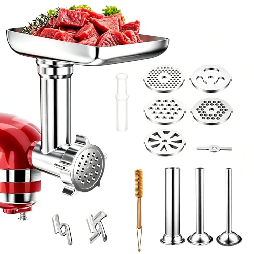 100% Stainless Steel Meat Grinder for KitchenAid Mixer, Dishwasher Safe with 3 Sausage Stuffers & 4 Grinding Plates, Anti-Corrosion Anti-Corrosion Polished Design（Not include the KitchenAid Mixer）
