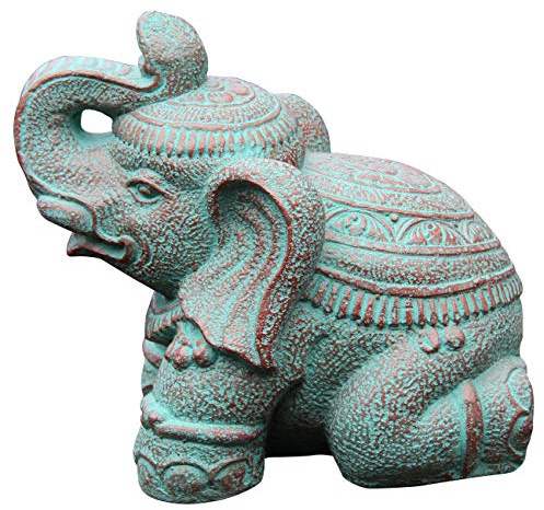 Ciffre 40cm Lang und ca. 35cm Elefant Stein Grün ca. 12 Kilo Antik Look Massiv Steinfigur Skulptur Feng Shui Garten Deko Wetterfest Lawa Steingus