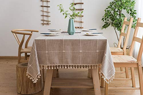 Lanqinglv Quaste Tischdecke 140x220 Beige Kariert Baumwolle und Leinen Tischtuch Rechteck Couchtisch Tischdecke Gartentischdecke Abwaschbar Küchentischabdeckung für Speisetisch (140x220,Beige)