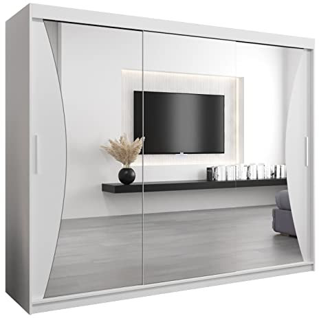 MEBLE KRYSPOL Kleiderschrank mit Spiegel Monaco - Garderobenschrank - Schrank Schlafzimmer - Mehrzweckschrank DREI Schiebetüren - Regalen - Flur Möbel - Kleiderstange Schrank - Allzweckschrank