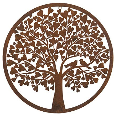 F&G Supplies 60cm diameter heart leaf rustic round steel metal garden wall art plaque - with 2 little birds!