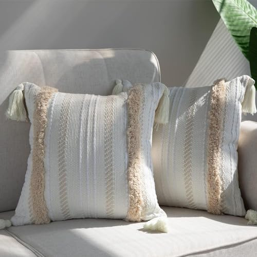 MeMoreCool 2er Set Boho Kissenbezug 45x45cm, Dekorative Kissenbezüge mit Quaste Baumwolle Leinen Kissenhülle Dekokissen Sofakissen für Sofa Schlafzimmer Wohnzimmer Auto, Weich Kopfkissenbezug