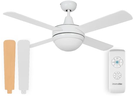 UNIVERSALBLUE Ventilador de techo con luz | Ventilador silencioso con Motor AC | Aspas reversibles color blanco y madera | Potencia 70 W | Temporizador y mando a distancia | Función Invierno