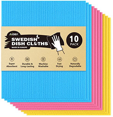 AIDEA Swedish Dish Cloths Pack of 10, Absorbent Friendly Reusable Hand Towels kitchen Rags Cleaning Cloths, Swedish Dishcloths for Kitchen, Cellulose Sponge Swedish Dish Towels and Dish Rag
