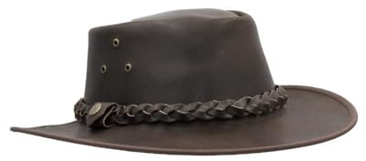 Walker and Hawkes Leather Cowhide Outback Braided Traveller Hat, Unisex Western Style, Durable Outdoor Sun Protection, Brown - Small