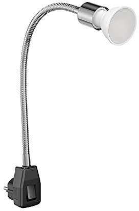 ledscom.de Steckdosenlampe LESCH Leselampe Schwanenhals Schalter chrom/schwarz + LED Lampe warmweiß 3-Stufen Dimmen: max. 500lm