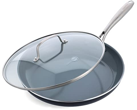 Greenpan Swift Healthy Ceramic Nonstick, 12 Frying Pan Skillet with Lid, Stainless Steel Handle, PFAS-Free, Dishwasher Safe, Oven Safe, Black