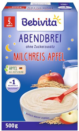 Bebivita Milchbreie ohne Zuckerzusatz Abendbrei Milchreis mit Apfel (4x500g)