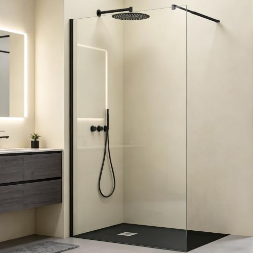 Mai & Mai Paroi de Douche Transparent Pare-douche avec Stabilisateur 140cm | Paroi de Douche à l'Italienne, Verre Trempé 8mm, Revêtement Nano, Profilé Noir, Stabilisateur Rectangulaire, 140×200cm, BR1K
