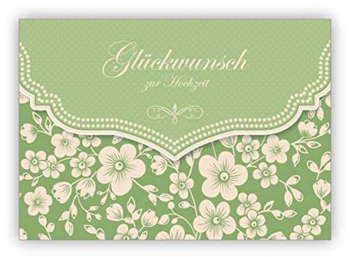 Im 4er Set Grüne Vintage Hochzeitskarte mit Retro Kirschblüten Muster: Glückwunsch zur Hochzeit - auch für Firmen Kunden und Geschäftspartner • Glückwunschkarte für Standesamt, Trauung